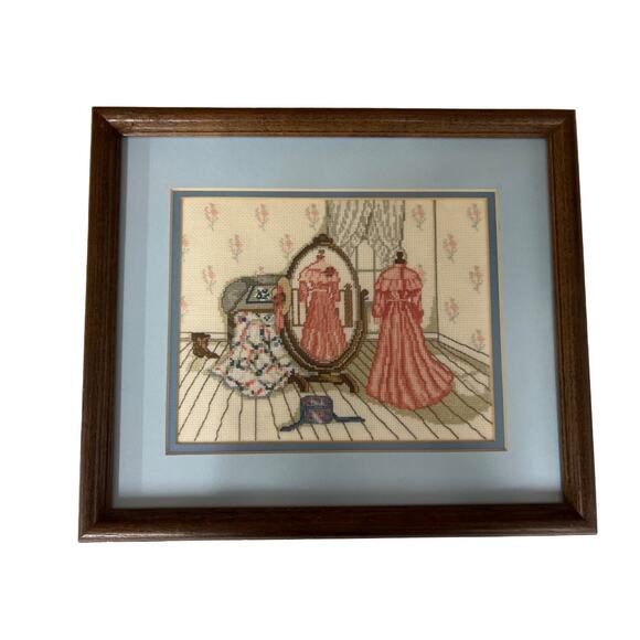 Vintage Dressing Victorian Cross Stitch Framed Wall Hanging Picture - Picture 1 of 3